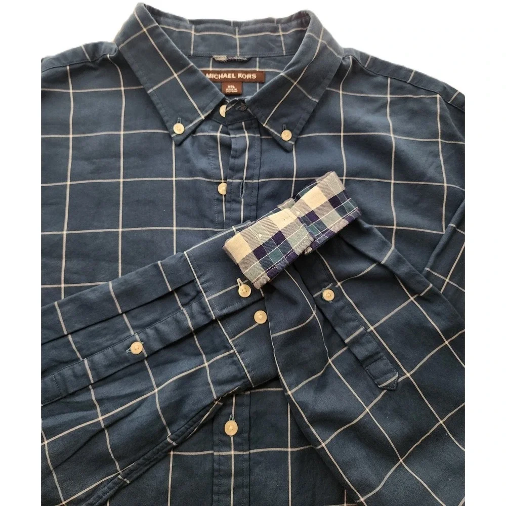 Michael Kors‎ Mens XXL Slim Fit Blue Check Button Down Shirt Long Sleeve
